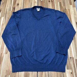 LL Bean Sweater Mens 2XL Regular Fit Blue Vneck Cotton Cashmere Knit Outdoor‎